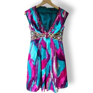 Anthro Nanette Lepore Silk Dress Pink Purple Teal Ikat 0